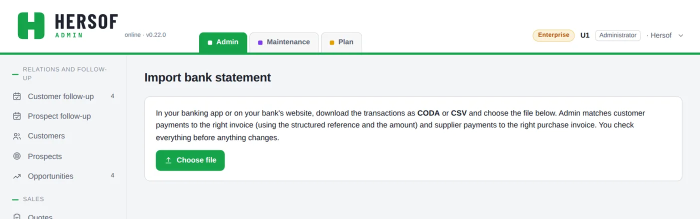 Import bank statement screen