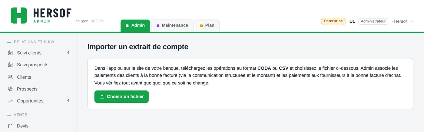 Écran Importer un extrait de compte