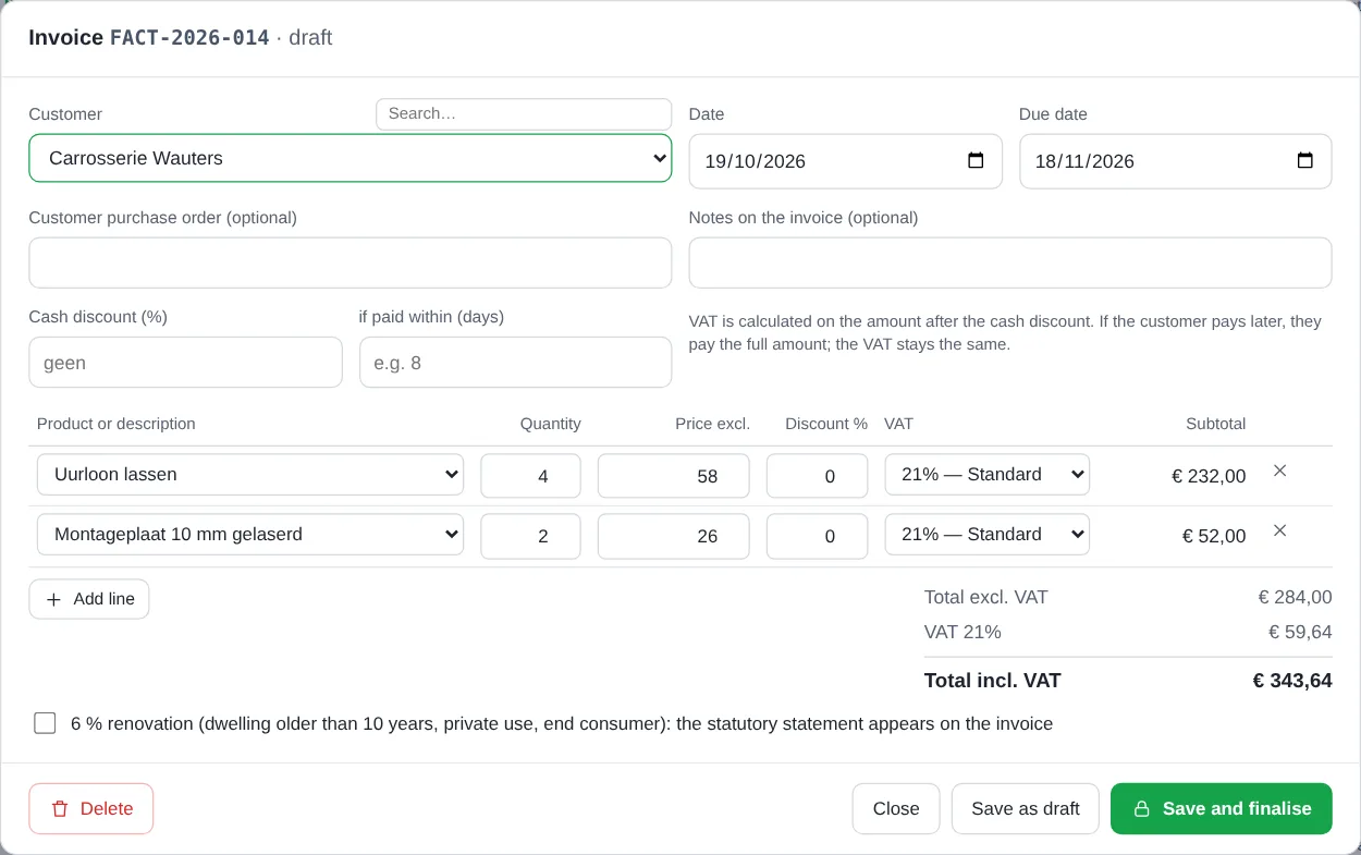 A draft invoice with lines and buttons