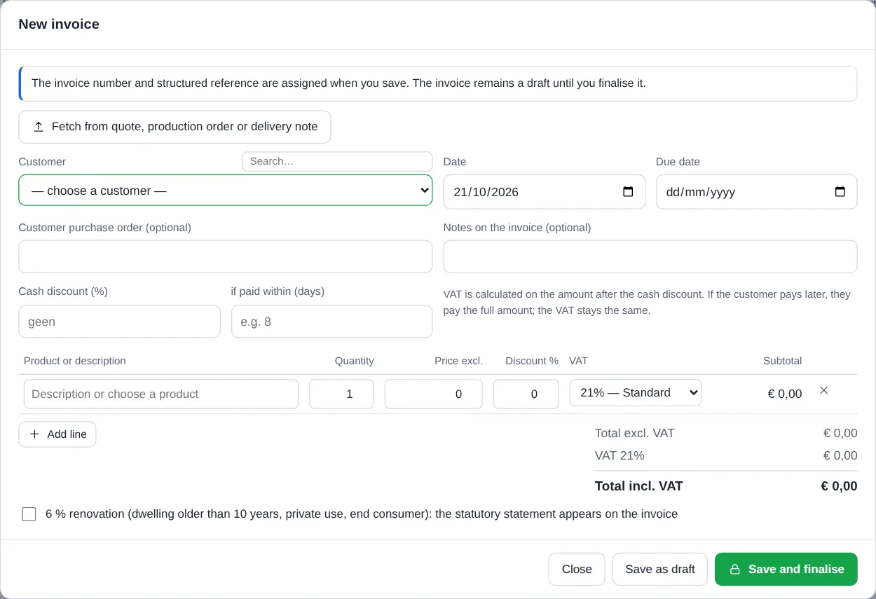 New invoice window with customer, date, due date and lines