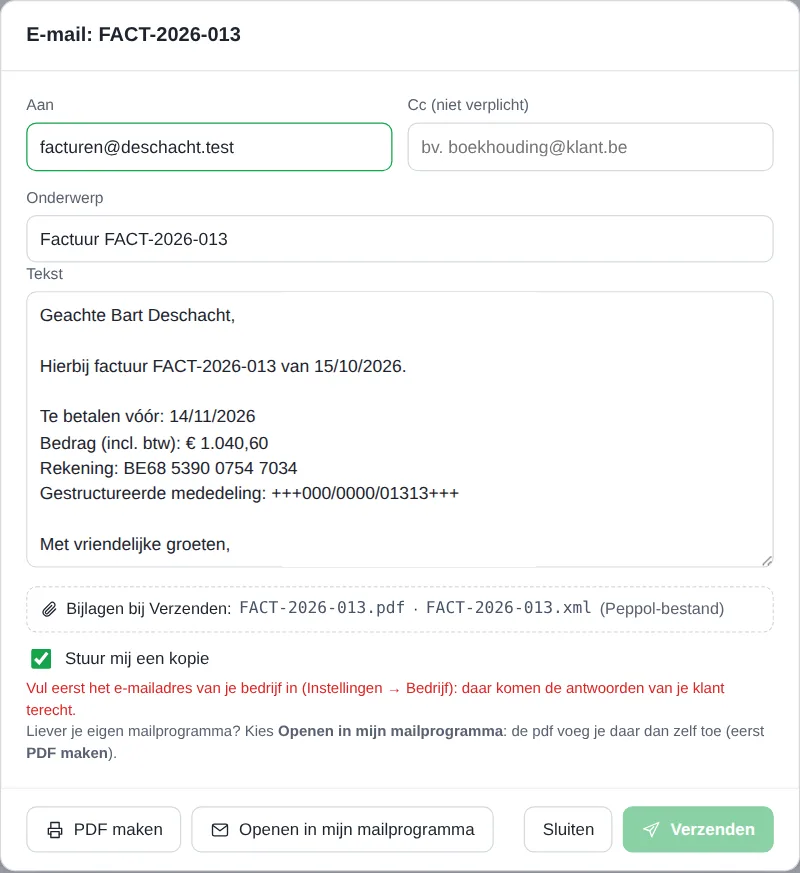 Het venster om een factuur te mailen, met Aan, Cc, onderwerp, tekst en de bijlagen