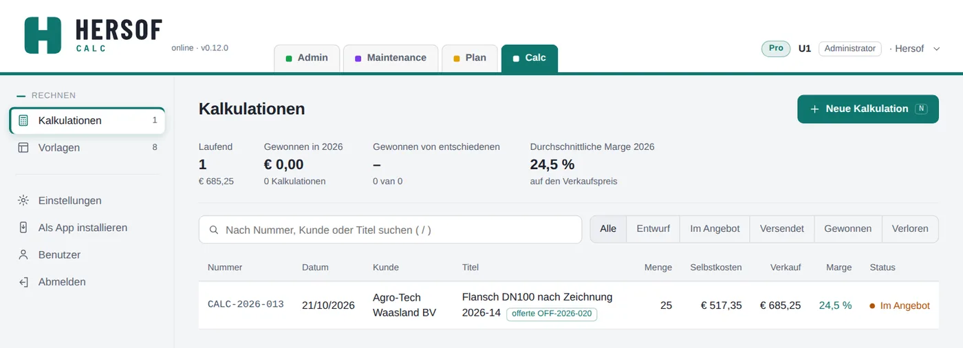 Liste der Kalkulationen mit Nummer, Kunde, Verkauf, Marge und Status