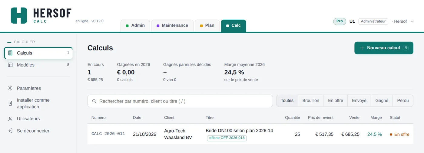 Liste des calculs avec numéro, client, vente, marge et statut