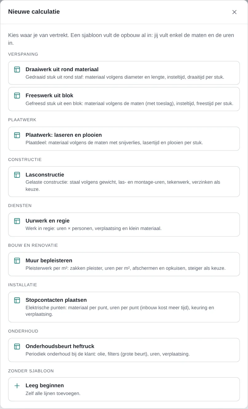 Venster Nieuwe calculatie met de keuze uit de sjablonen