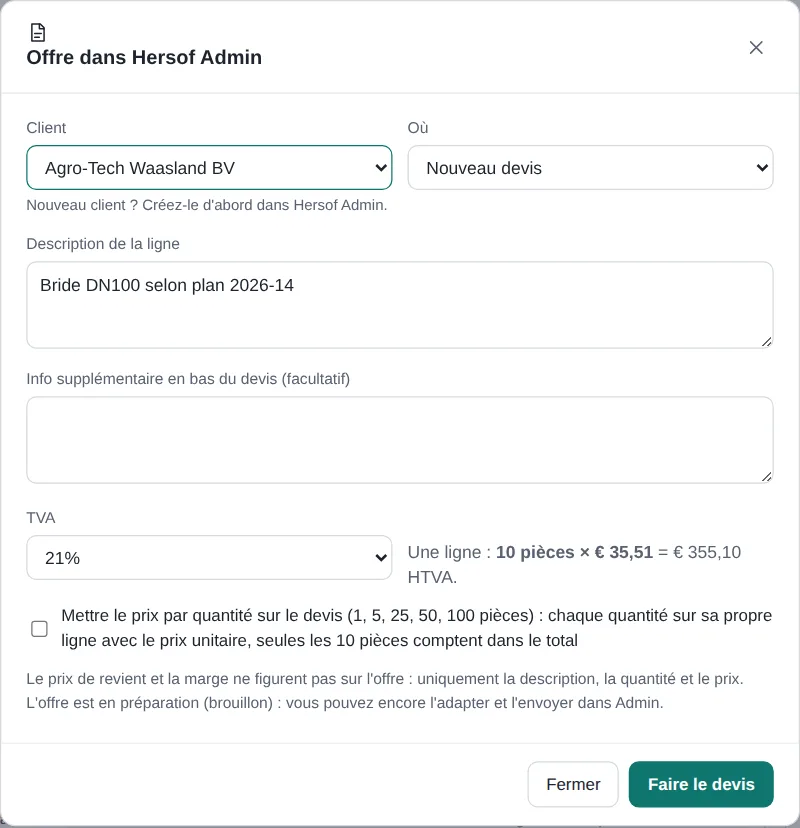 Fenêtre Offre dans Hersof Admin avec client, description et TVA