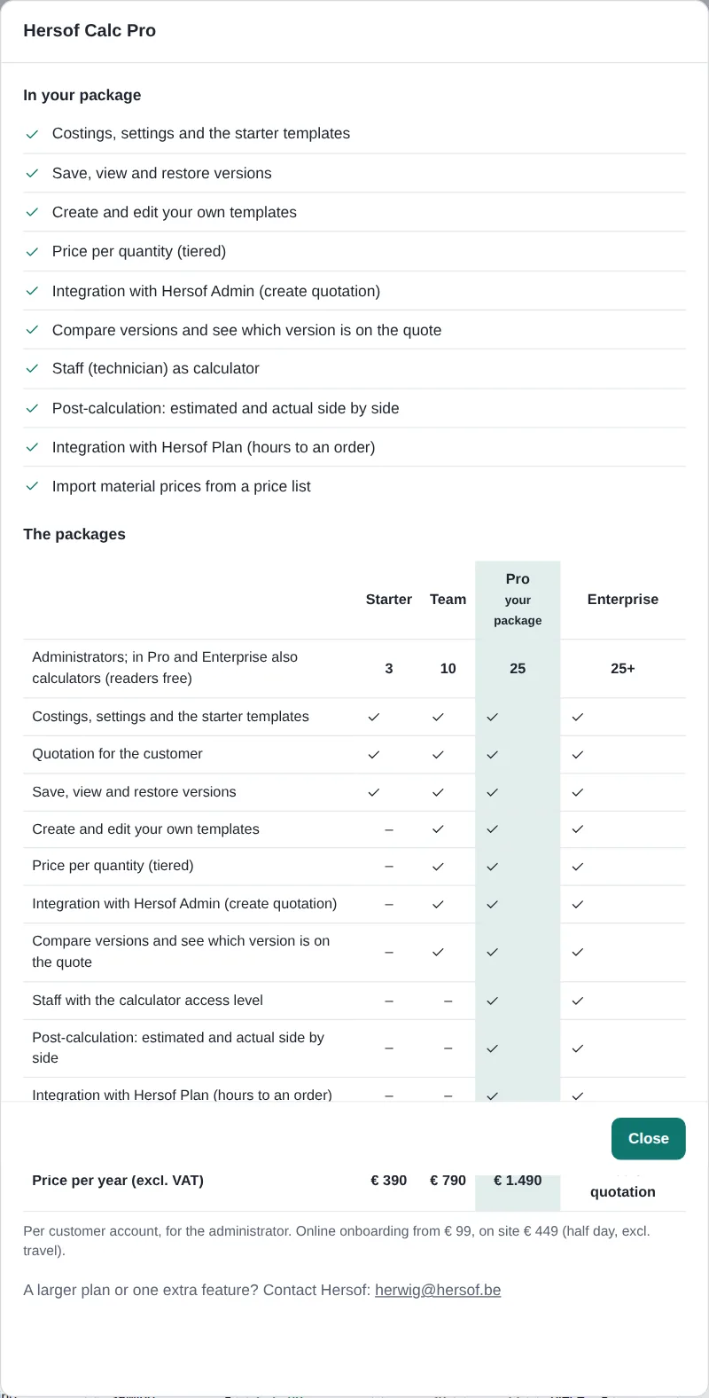 Overview of the Starter, Team, Pro and Enterprise packages