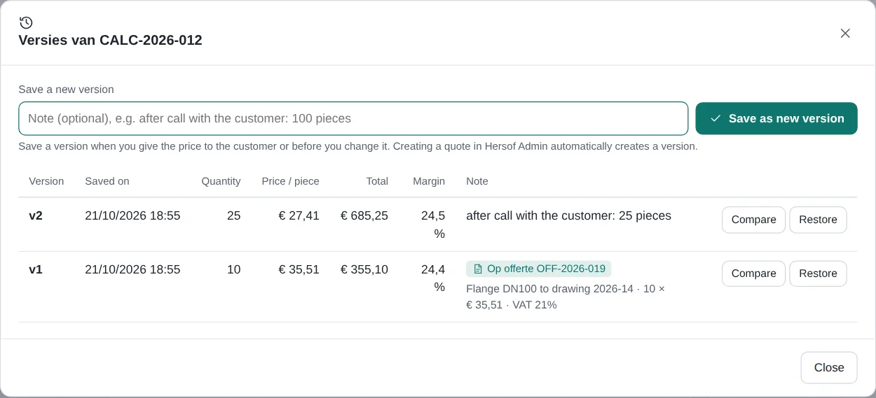 Window with the versions of a costing