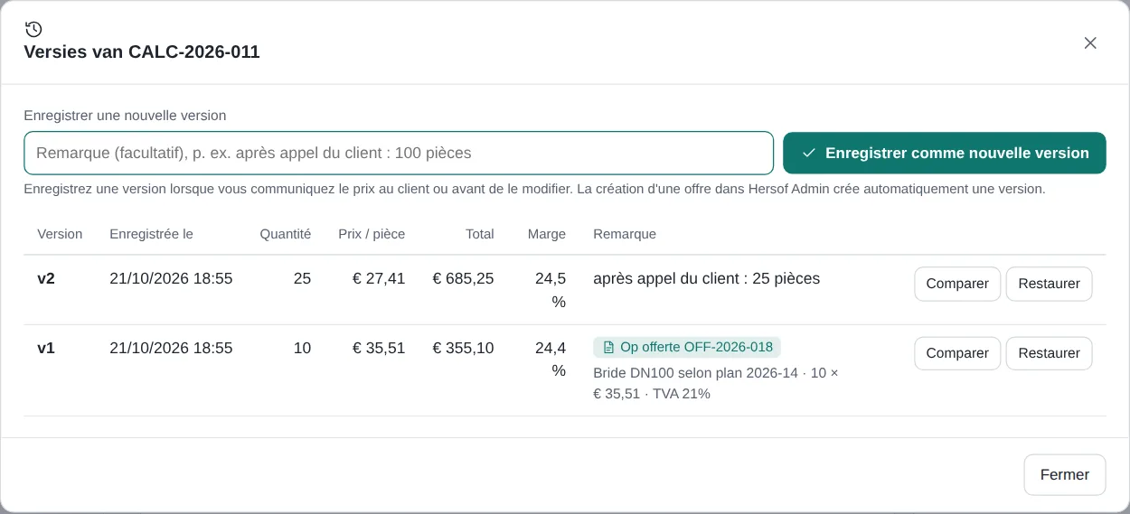 Fenêtre avec les versions d'un calcul