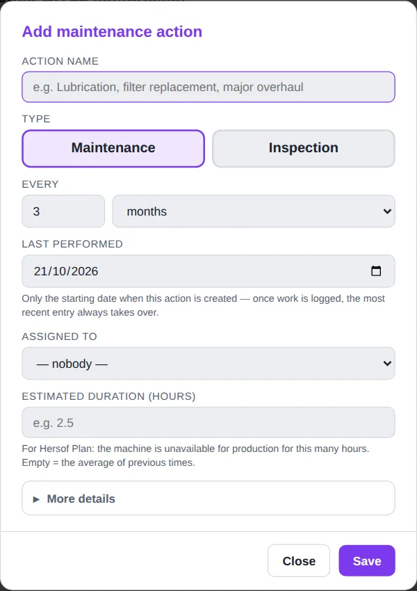 Add maintenance action window