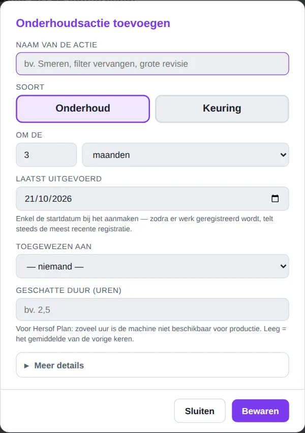 Venster Onderhoudsactie toevoegen