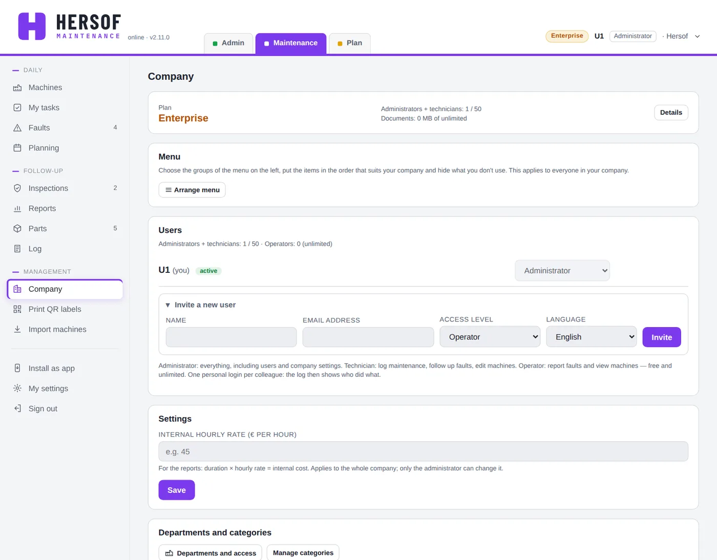 Company screen with plan, users and settings