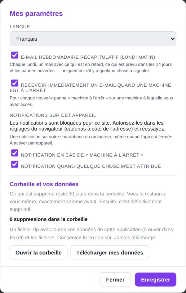 Fenêtre Mes paramètres avec e-mail et notifications