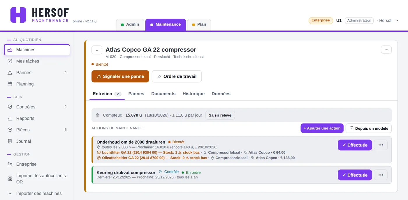 Détail d'un compresseur avec relevé du compteur et deux actions d'entretien