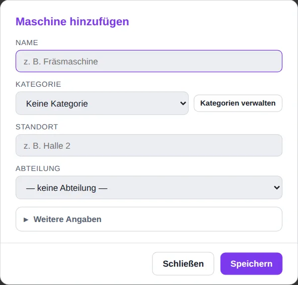 Fenster Maschine hinzufügen mit den Feldern Name, Kategorie und Standort