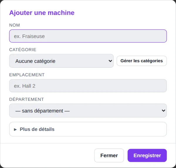Fenêtre Ajouter une machine avec les champs nom, catégorie et emplacement