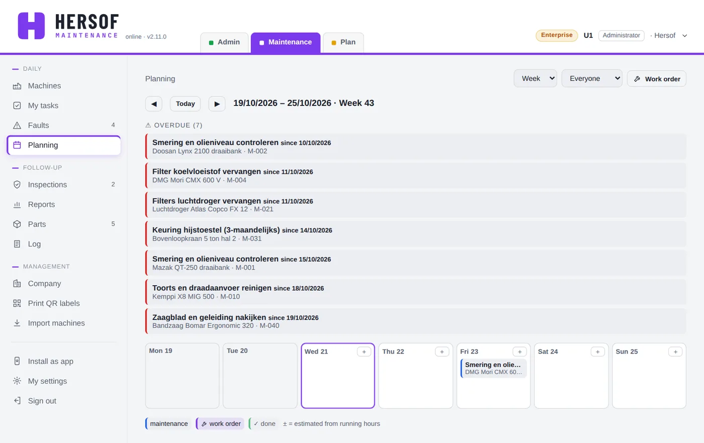 Weekly planning with maintenance and work orders per day