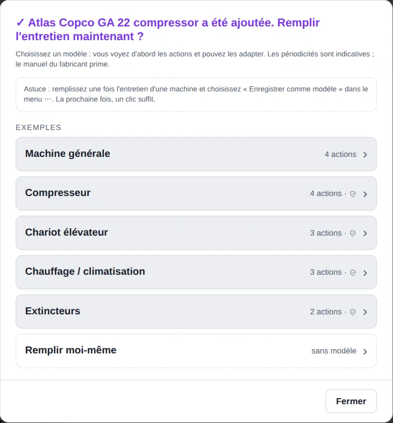 Sélecteur de modèles avec des exemples comme compresseur et chariot élévateur