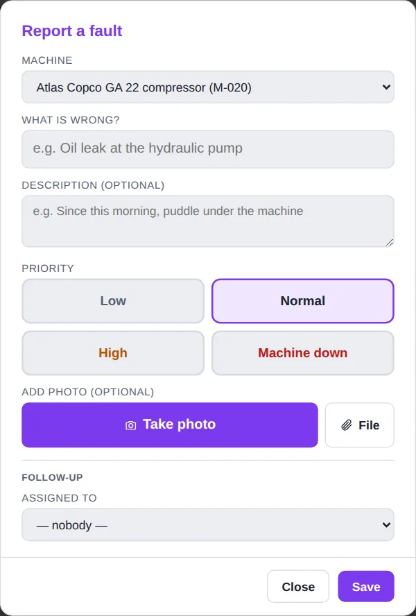 Report a fault window with priority and photo