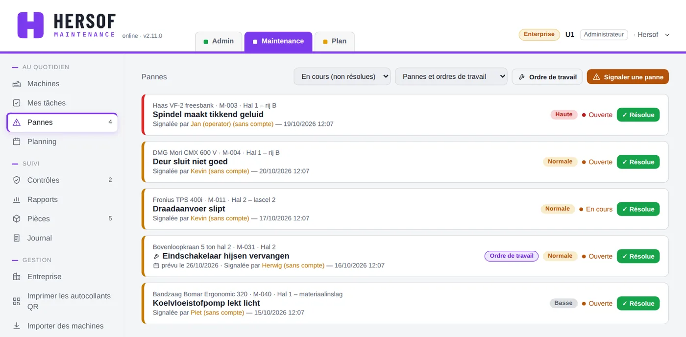 Liste des pannes et ordres de travail avec leur statut