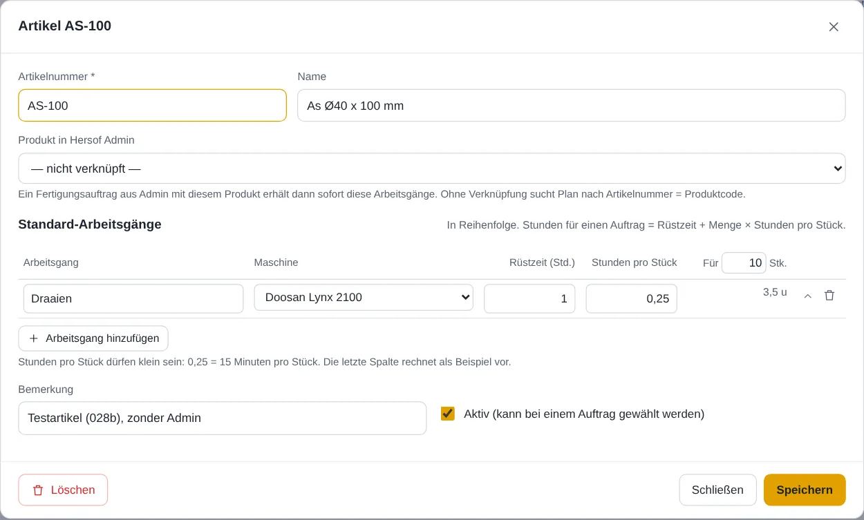 Fenster eines Artikels mit Standard-Arbeitsgängen