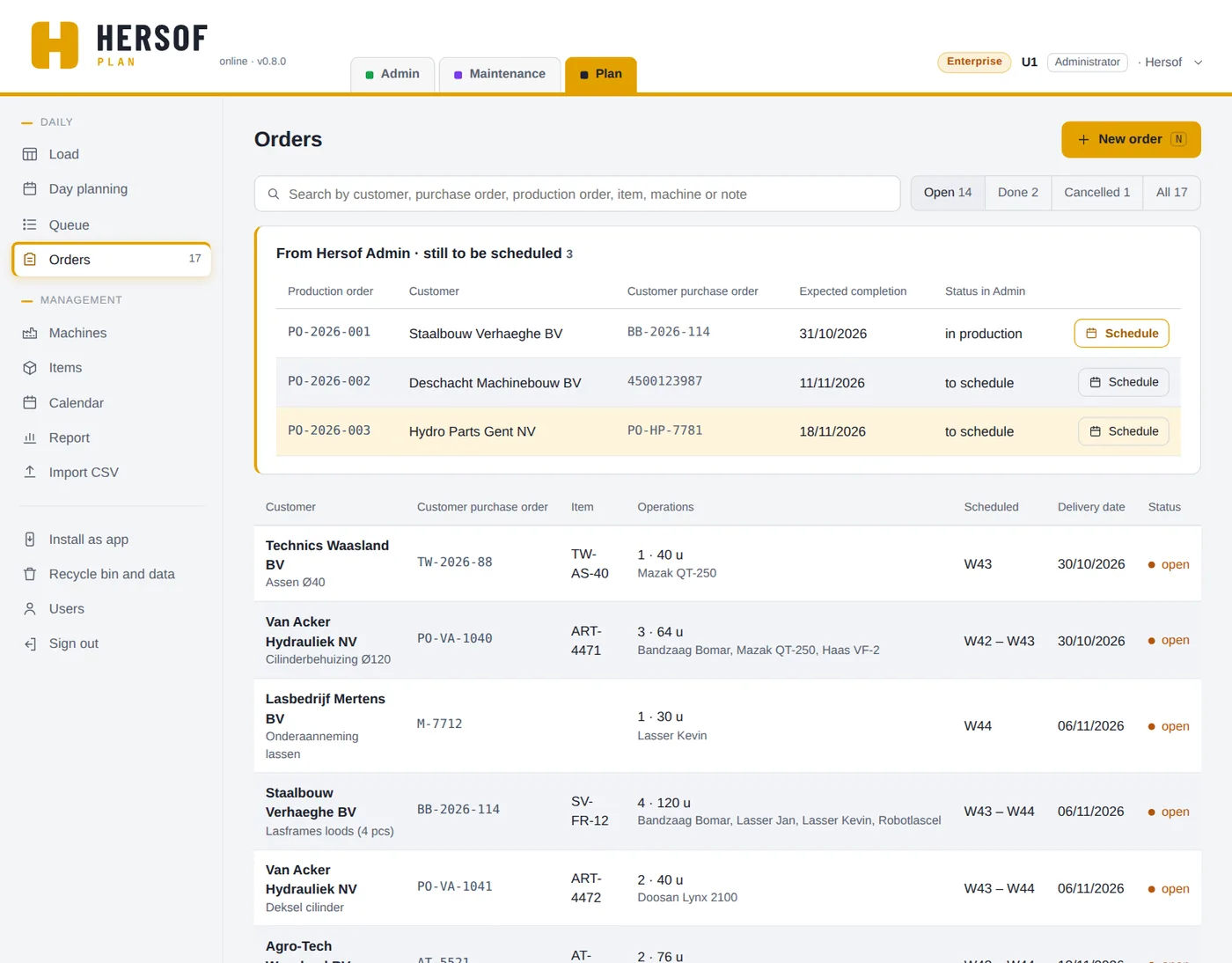 List of orders, with production orders from Admin at the top